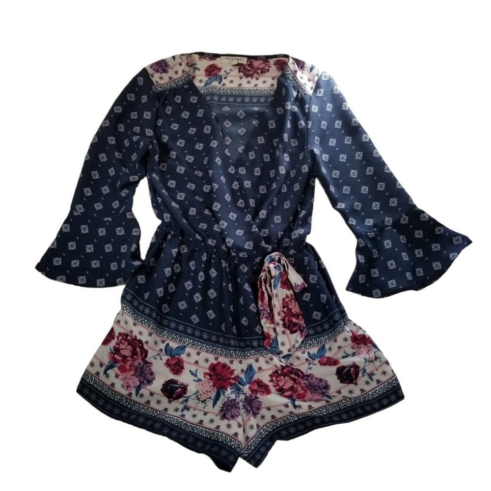 Living Doll Romper Women's M Blue & White Printed Floral Pockets Bell Sleeve Bow